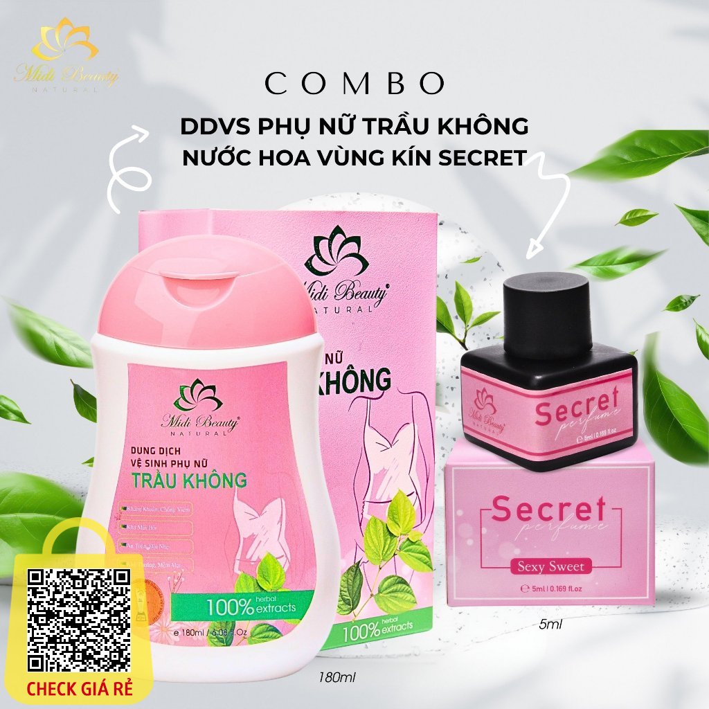 Dung Dịch Vệ Sinh Phụ Nữ Trầu Không 180ML Và Nước Hoa Vùng Kín 5ML:Làm sạch - kháng khuẩn - khử mùi hôi - cân bằng pH - thơm.