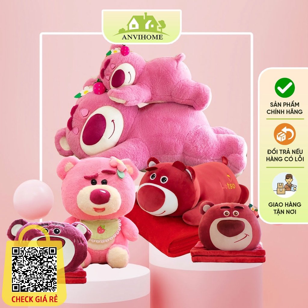 Gấu Bông có mền ANVIHOME - Bộ chăn gối văn phòng hình Lotso dâu ngủ - lotso dâu yếm