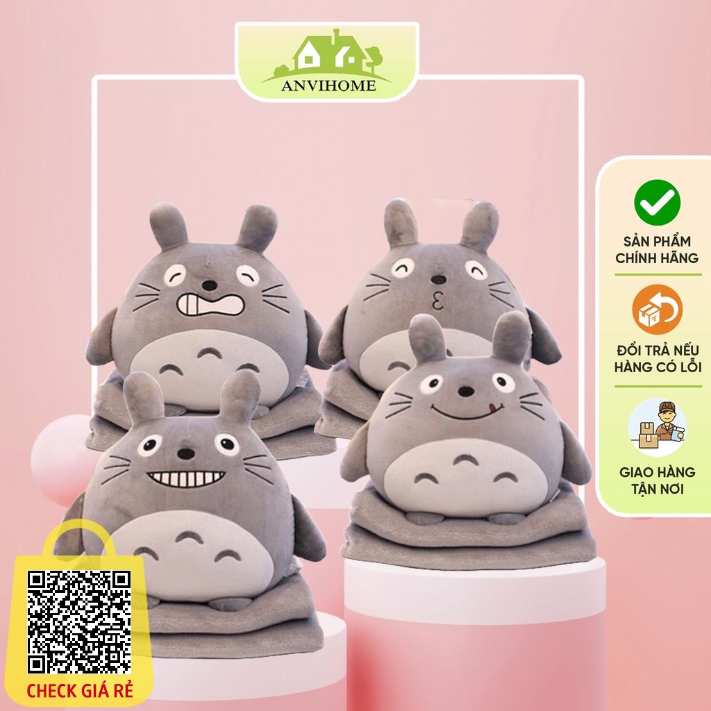 Gấu Bông Có Mền Bộ chăn gối văn phòng Gối mền văn phòng hình Totoro ANVIHOME Biểu Cảm dễ thương màu xám