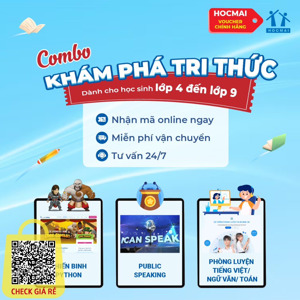 HOCMAI [Lớp 4-9] Combo Khám phá tri thức: Khóa học lập trình Python Thuyết trình Tiếng Anh -Phòng luyện TOPCLASS Vou