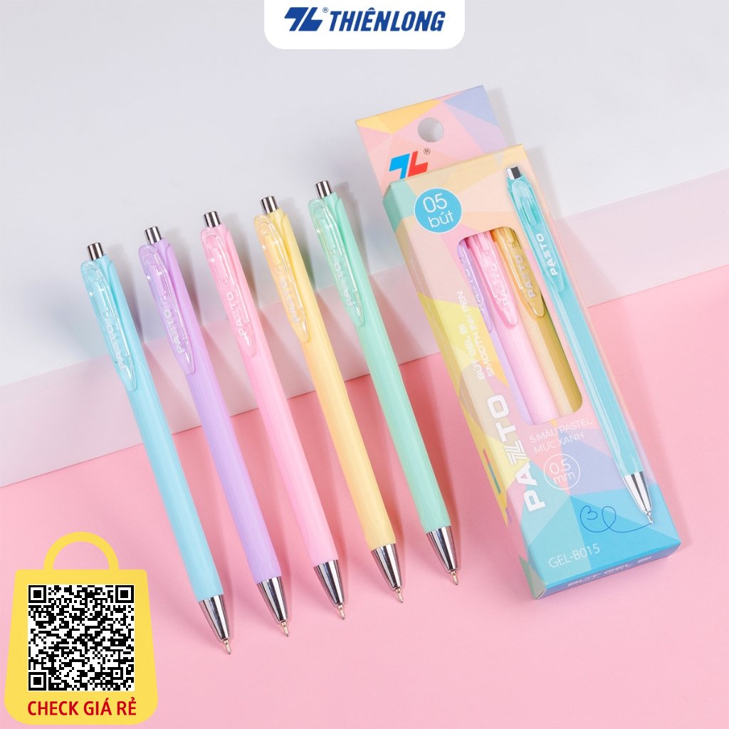 Hộp 5 cây Bút Gel nước Thiên Long ngòi 0.5mm mực xanh viết trơn êm mực dầu - 5 tone pastel Gel-B015