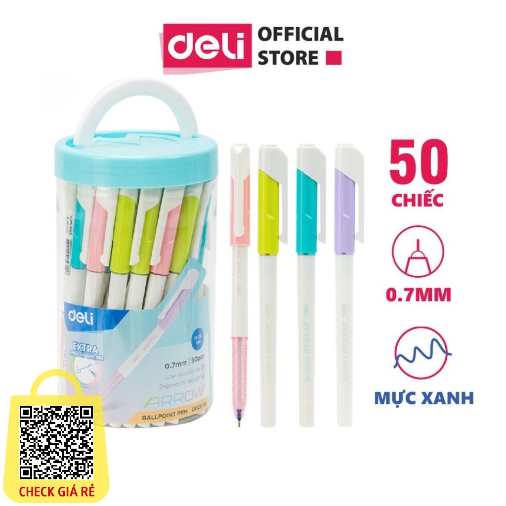 Hộp 50 Bút Bi - Viết Bi Mẫu Mới Deli Ngòi 0.7mm Mực Xanh Nhanh Khô Nét Trơn Tru Không Hằn Giấy EQ02636