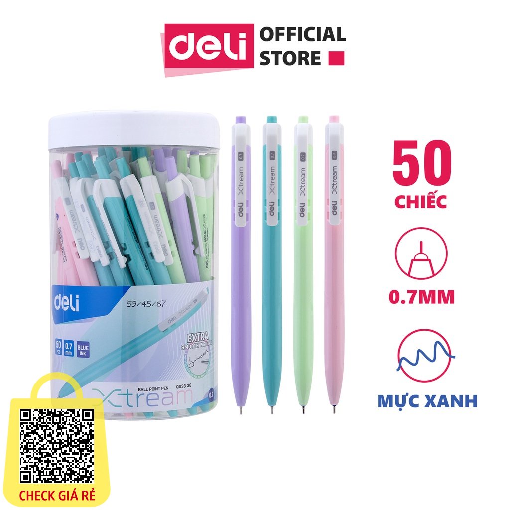 Hộp 50 Bút Bi Xanh Đầu Bấm Deli Ngòi 0.7mm Siêu Mướt Viết Mượt Viết Bi Học Sinh Văn Phòng Ghi Chép Sổ Tay Văn Phòng