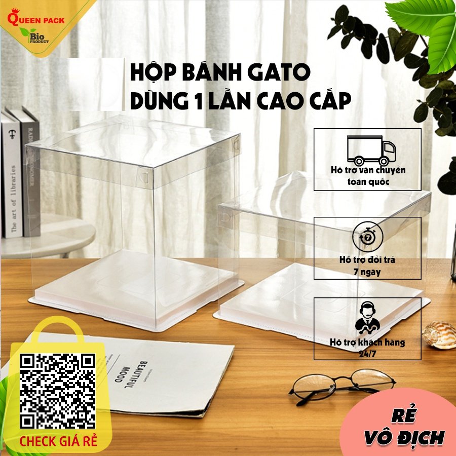 Hộp MICA Hình Vuông Đựng Bánh Kem (Không Kèm Ruy Băng) Có Đế Bằng Giấy