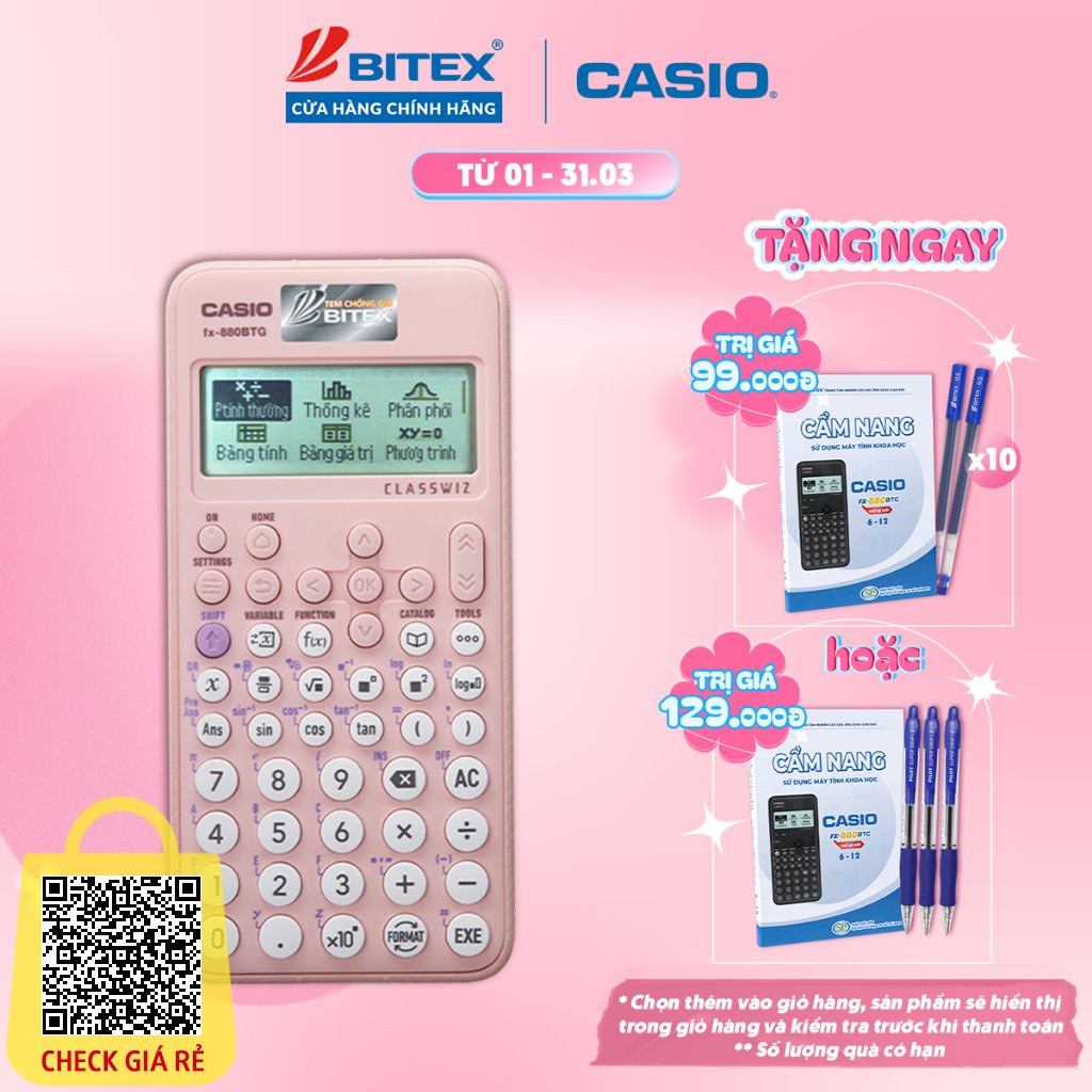 Máy tính học sinh Casio Fx-880BTG màu hồng dành cho học sinh cấp 2 cấp 3 lớp 6 đến lớp 12 chuyên dụng mang vào phòng thi