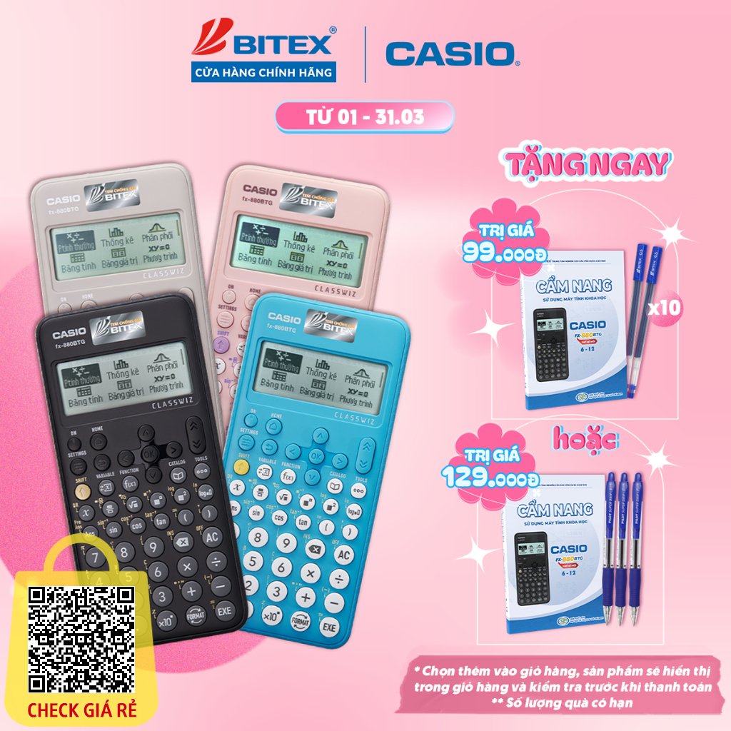 Máy tính học sinh Casio Fx-880BTG mới nhất dành cho học sinh cấp 2 cấp 3 lớp 6 đến lớp 12 chuyên dụng mang vào phòng thi