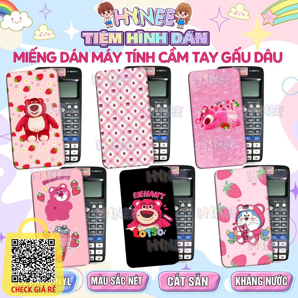 Miếng Dán Máy Tính Casio 580 Gấu Dâu Lotso - Skin Máy Tính Casio 580 - Vinacal - Flexio - Sticker Gấu Dâu Dễ Thương