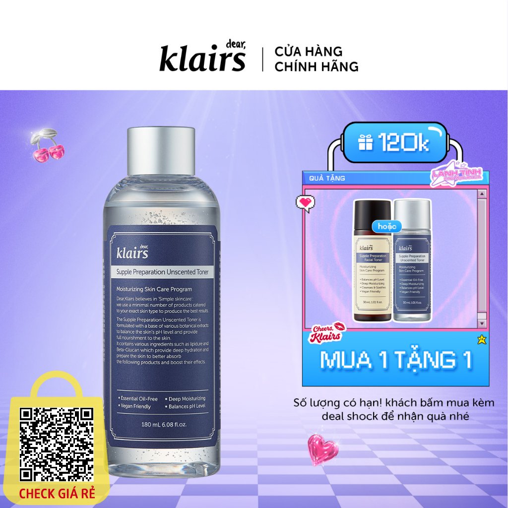 [Nhập COSDK3 giảm 20K đơn 199K] Nước hoa hồng Dear, Klairs Supple Preparation Unscented Toner 180ml