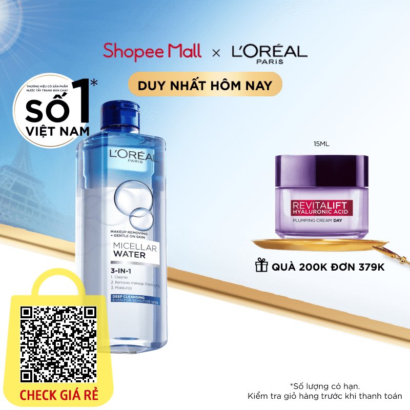 [Nhập CPD33199K giảm 10% đơn từ 199K] Nước tẩy trang và làm sạch sâu 3-in-1 L'Oreal Paris  Micellar Water 400ml