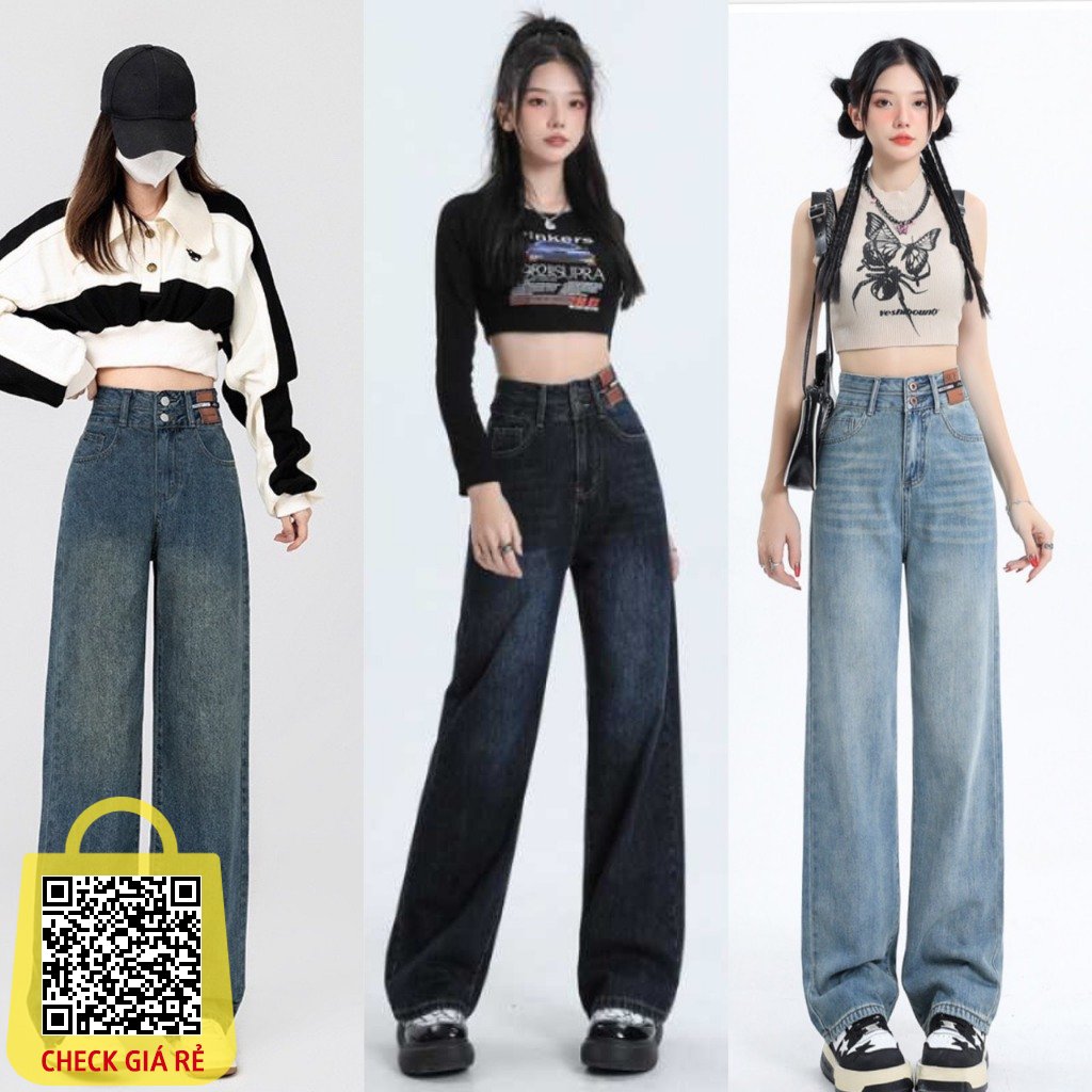 Quần jean bò ống rộng suông xuông nữ jeans cạp cao phong cách style