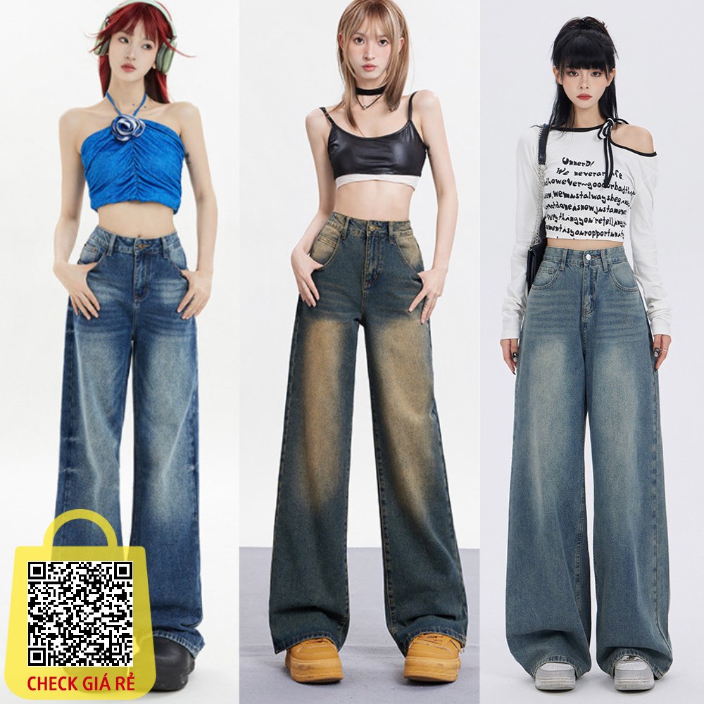 Quần jean ống suông rộng nữ  MIAA cạp cao ôm eo màu RETRO, quần bò dáng dài ống rộng màu Wash cực hot trend