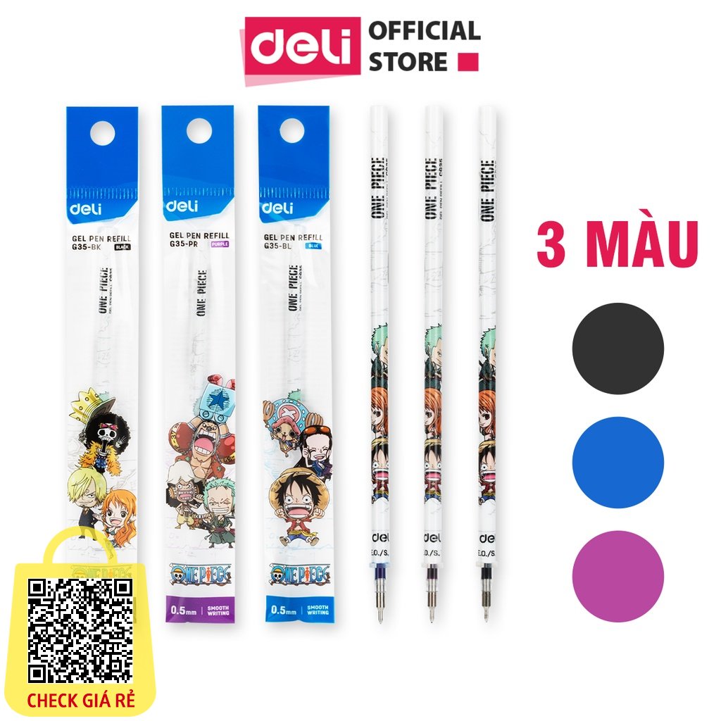 Ruột bút Gel Deli 3 màu Xanh - Đen - Tím 1 Chiếc Ngòi 0.5mm Hình One Piece - Super Wings - mực trơn đều - khô nhanh