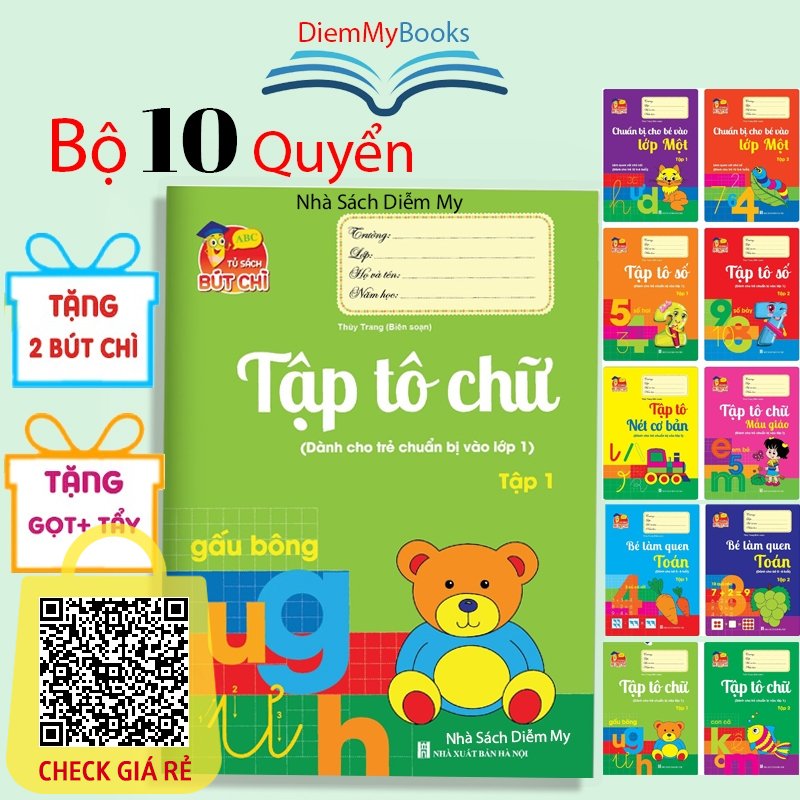 Sách- Bộ 10 Quyển Vở Luyện Viết Tập Tô Chữ Cho Bé Mẫu Giáo Từ 3 4 5 Tuổi Mầm Non Chữ Số To Tặng 2 Bút Chì Gọt Tẩy