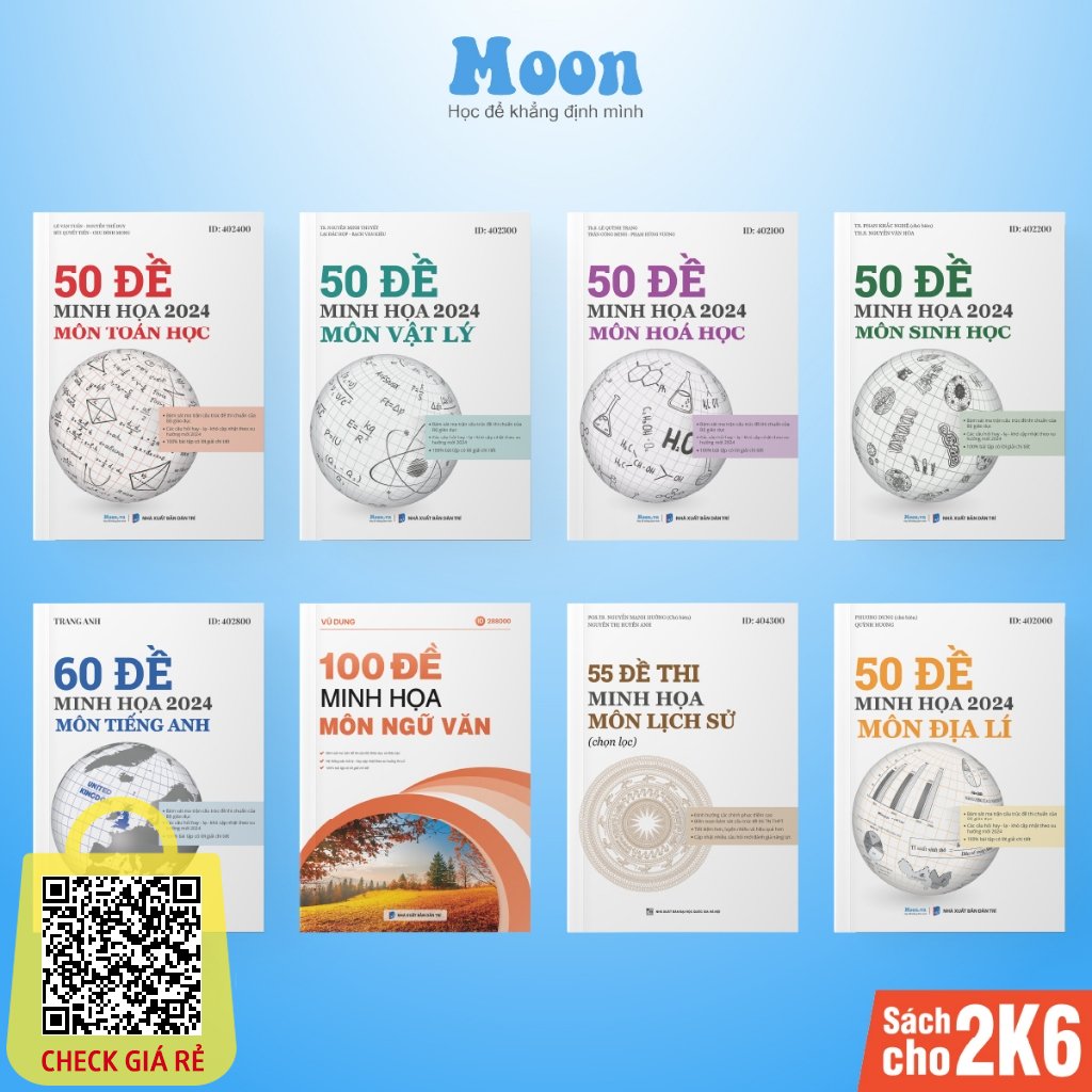 Sách bộ đề minh hoạ ôn thi THPT 2024 môn Toán, Lý, Hoá, Sinh, Anh, Văn, Sử, Địa Moonbook