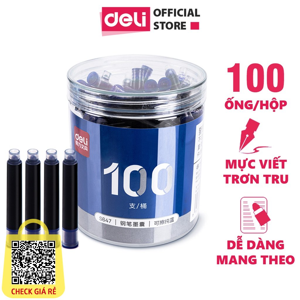 Set 100 Ống Mực Deli - Mực Bút Máy Màu Xanh - Đen - Mực Đều Viết Trơn Tru Cho Học Sinh