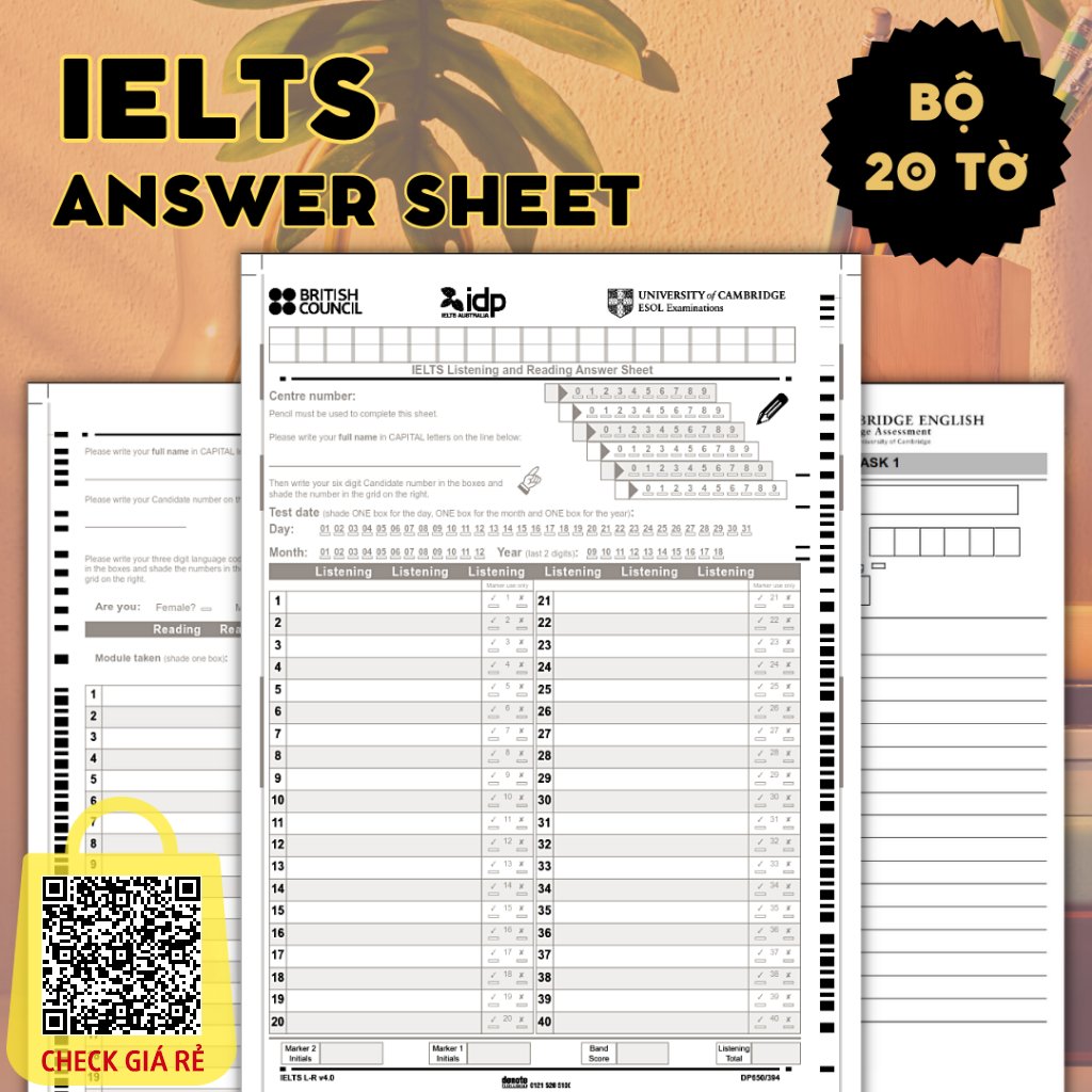 [SET 20 TỜ] Phiếu trả lời bài thi IELTS answer-sheet bản chuẩn, Listening, Writing, Reading Phiếu làm bài Giấy thi