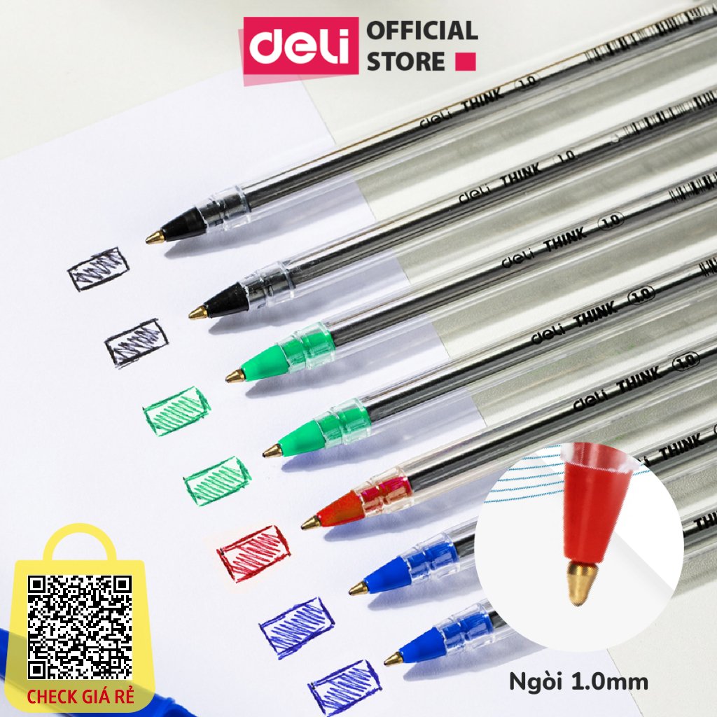 Set 5 Bút Bi Ngòi 1.0mm Chính Hãng Deli 3 Màu Xanh Đen Đỏ Mực Nhanh Khô Thích Hợp Học Sinh Văn Phòng