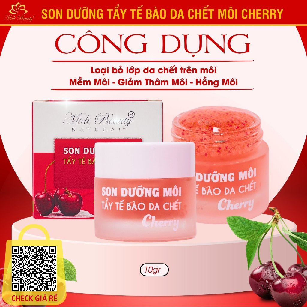 Son Dưỡng Tẩy Da Chết Môi CHERRY 10G Midi Beauty: Loại bỏ da chết trên môi - mờ thâm môi và hồng môi