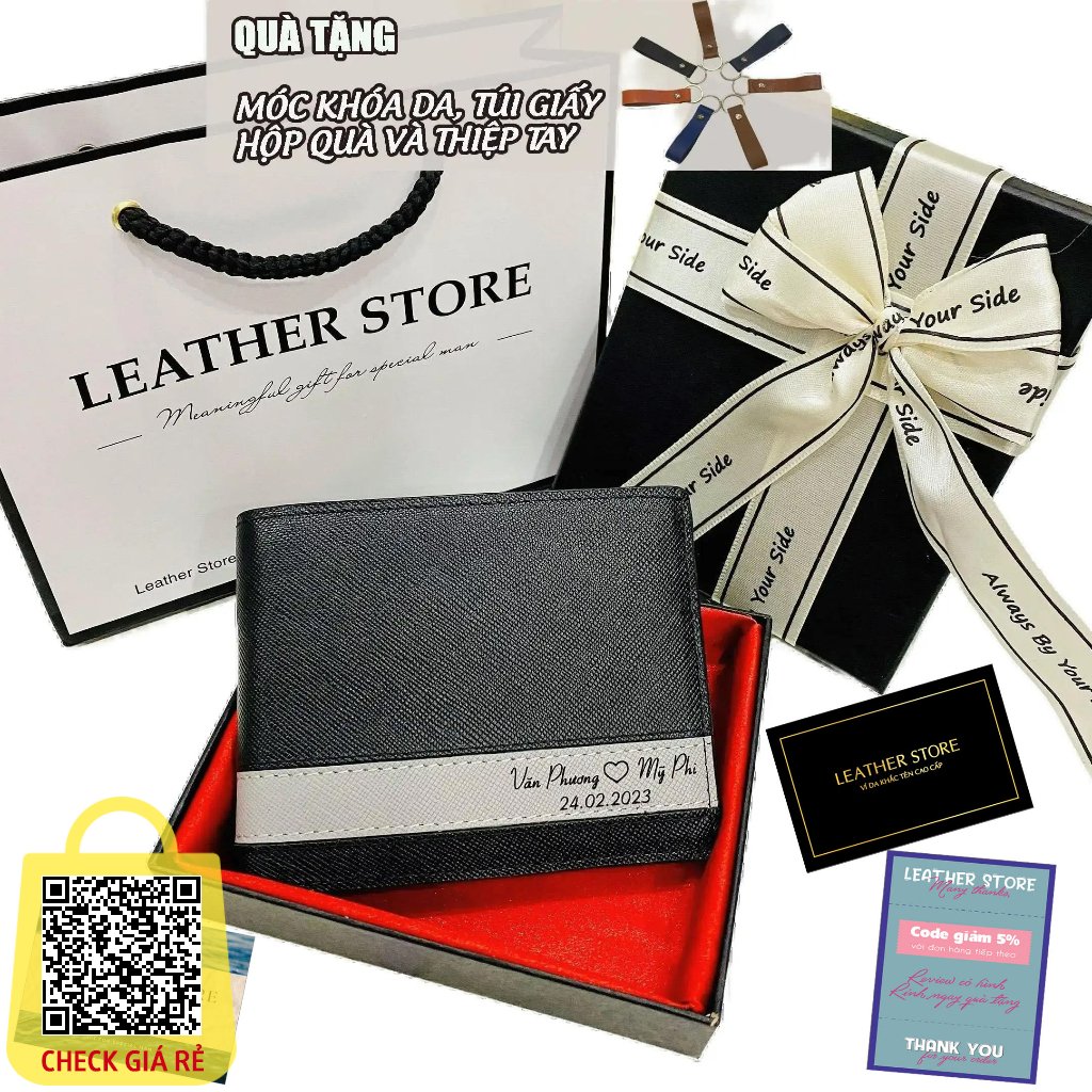 Ví nam khắc tên theo yêu cầu hộp nơ, túi Leather Store thiệp tặng sang trọng cho người yêu, bố, bạn bè