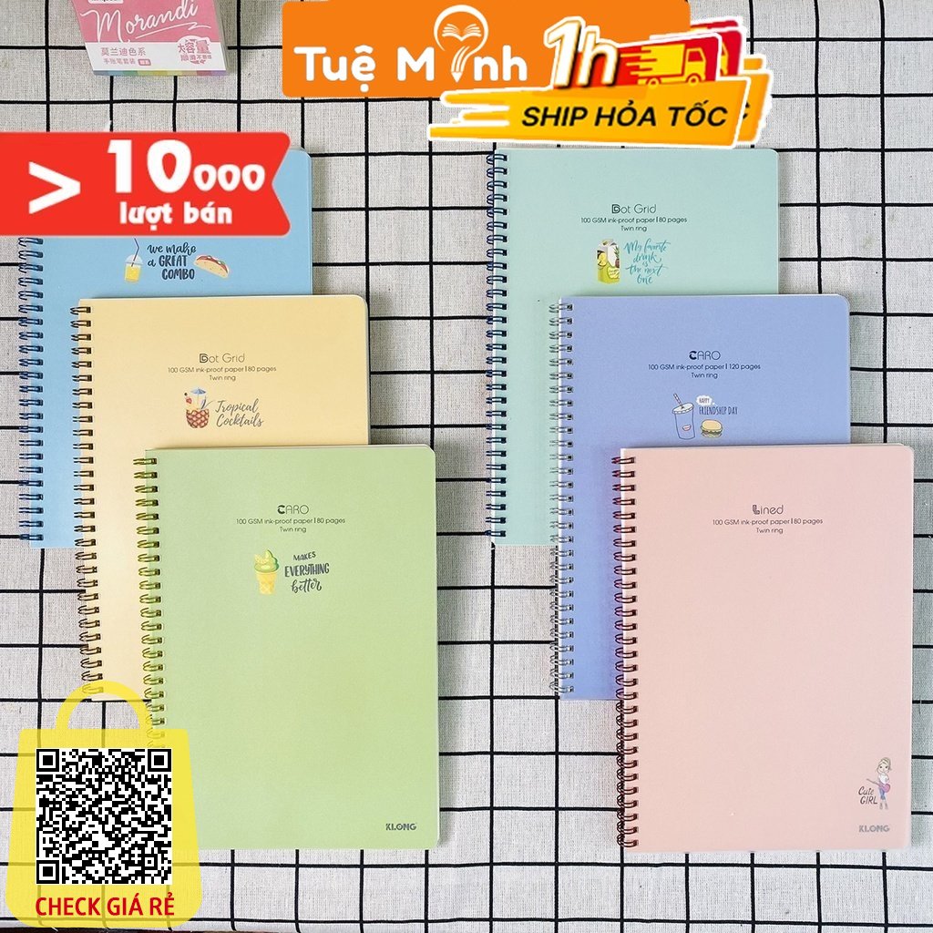 Vở Caro 80-120-200 trang Klong B5 bìa nhựa lò xo kép ô 5x5 6x6 mm bìa màu Pastel VPP TUE MINH - tập sổ Klong