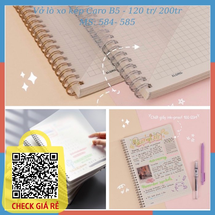 Vở lò xo kép Caro Klong (6x6) mm khổ B5 - 120 - 200 trang bìa nhựa trong suốt - tập sổ Klong- MS: 584 - 585